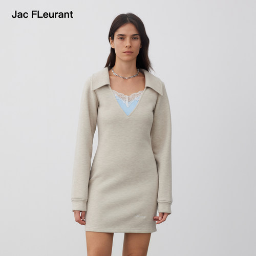 JAC FLEURANT2026秋季新款女蕾丝绣边假两件撞色V领连衣裙