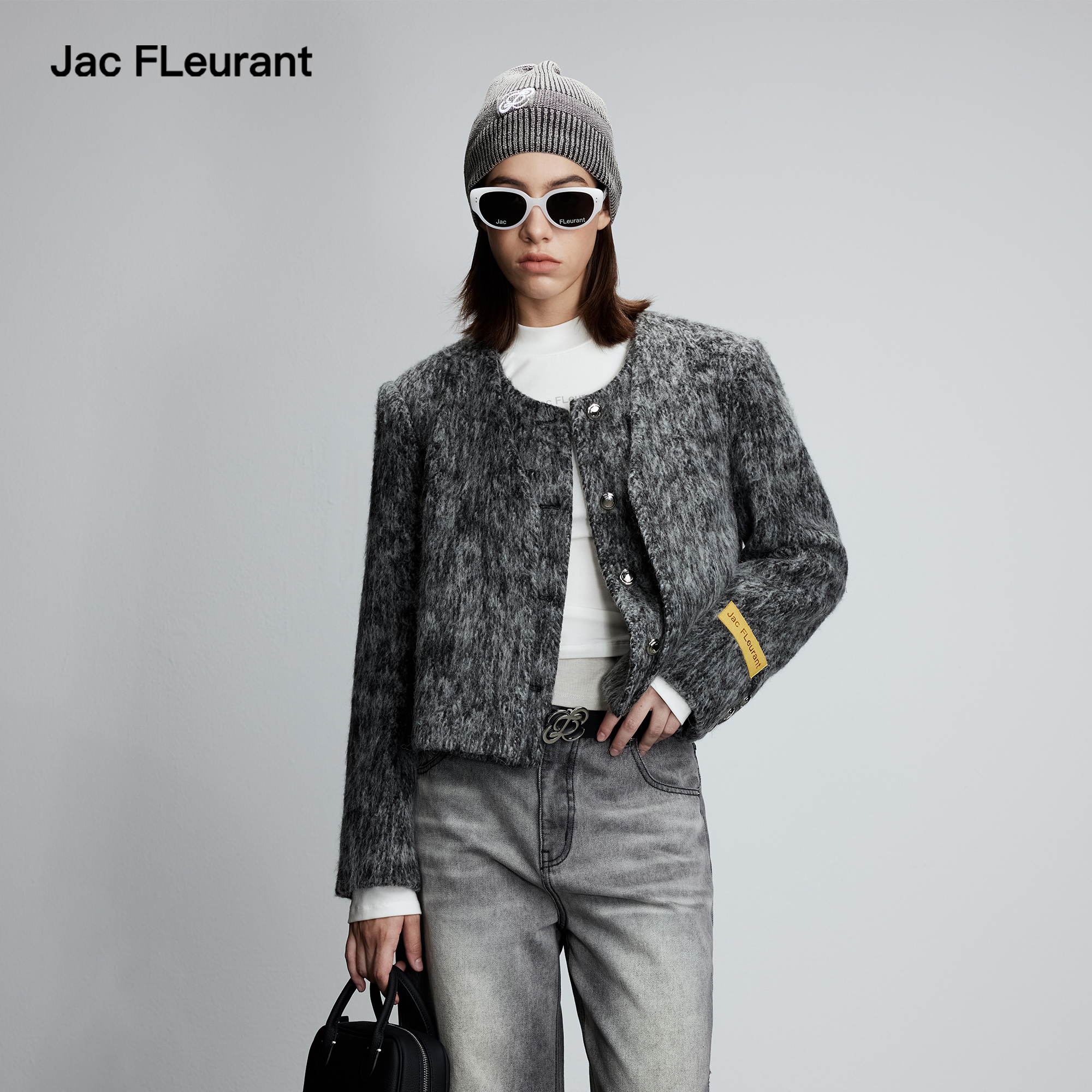 JAC FLEURANT2025秋冬新款羊驼毛无领上衣时尚圆领假两件外套短款