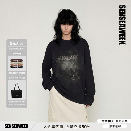 【孙珍妮同款】SENSEAWEEK新品宽松长袖上衣时光许愿池做旧T恤