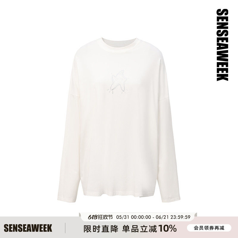 SENSEAWEEK春夏新品柔软亲肤凉感长袖上衣海星烫钻宽松垂坠T恤