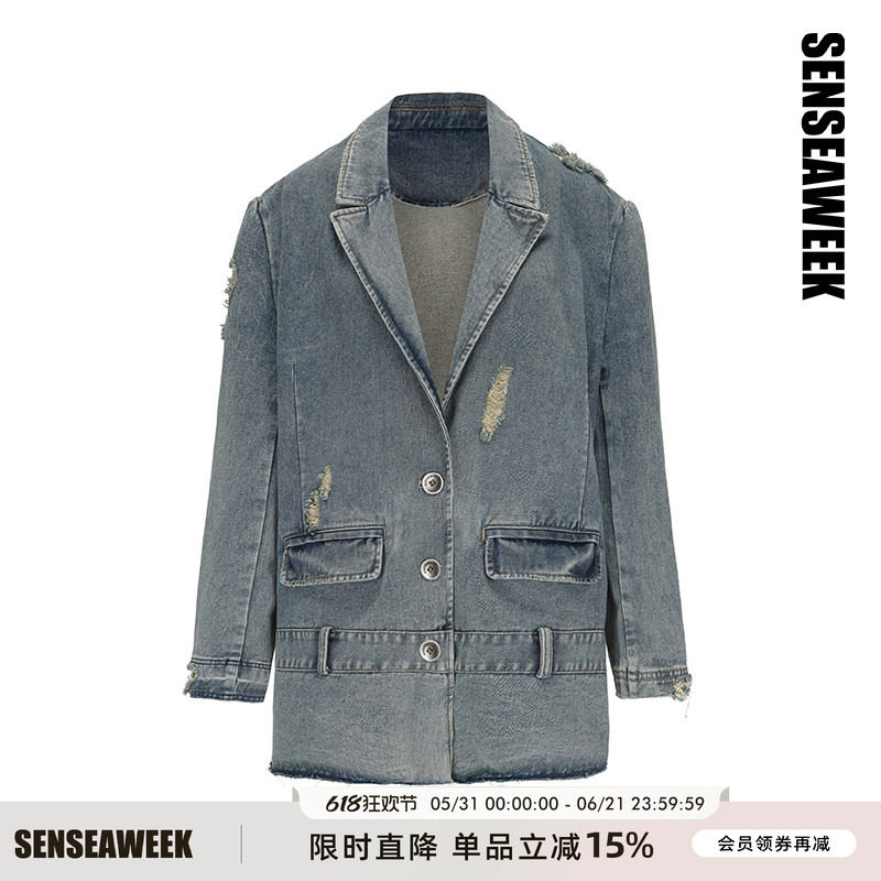 SENSEAWEEK春夏新品复古宽松酷飒外套破洞水洗做旧质感牛仔西装
