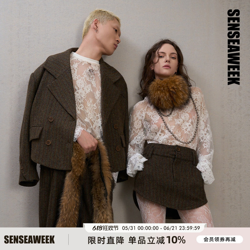 【张极/罗一舟同款】SENSEAWEEK新品叠穿螺纹上衣定制蕾丝圆领T恤