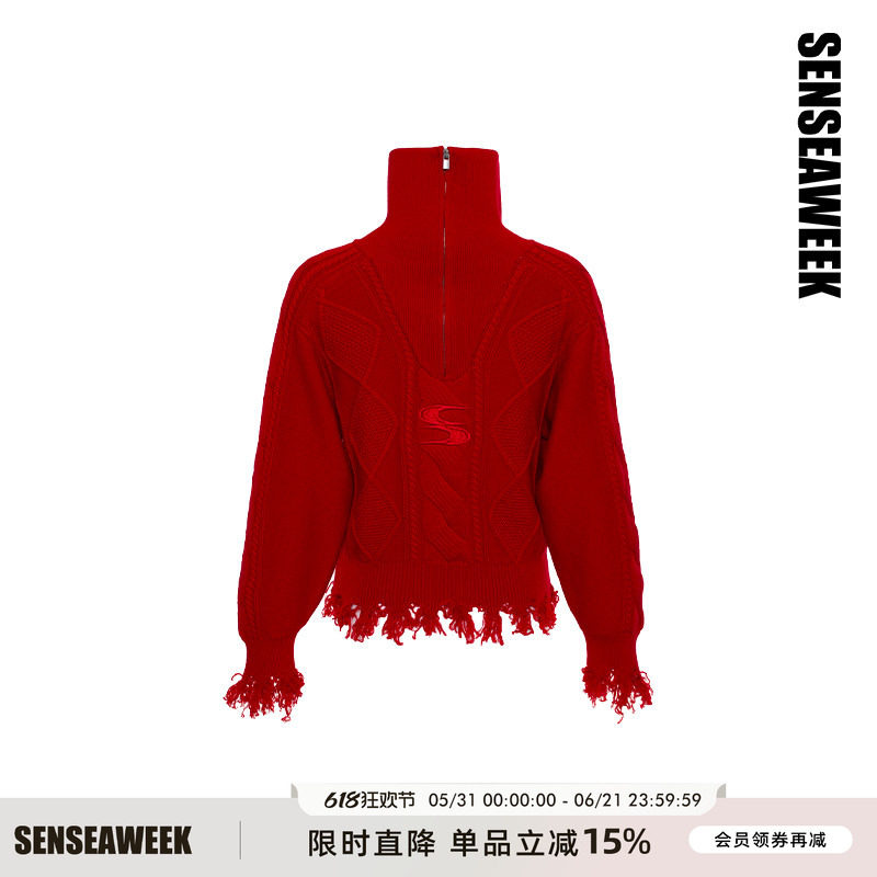 SENSEAWEEK秋冬新品柔软细腻感上衣刺绣logo破坏感粗棒毛衣