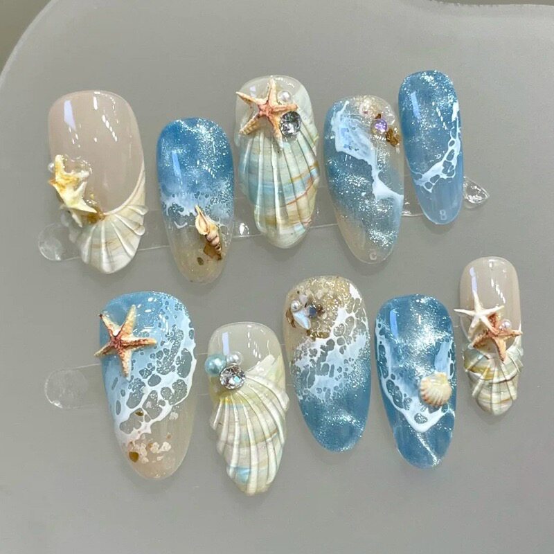 秋季爆款沙滩风彩绘精品穿戴甲海浪星星贝壳3D立体点钻美甲片