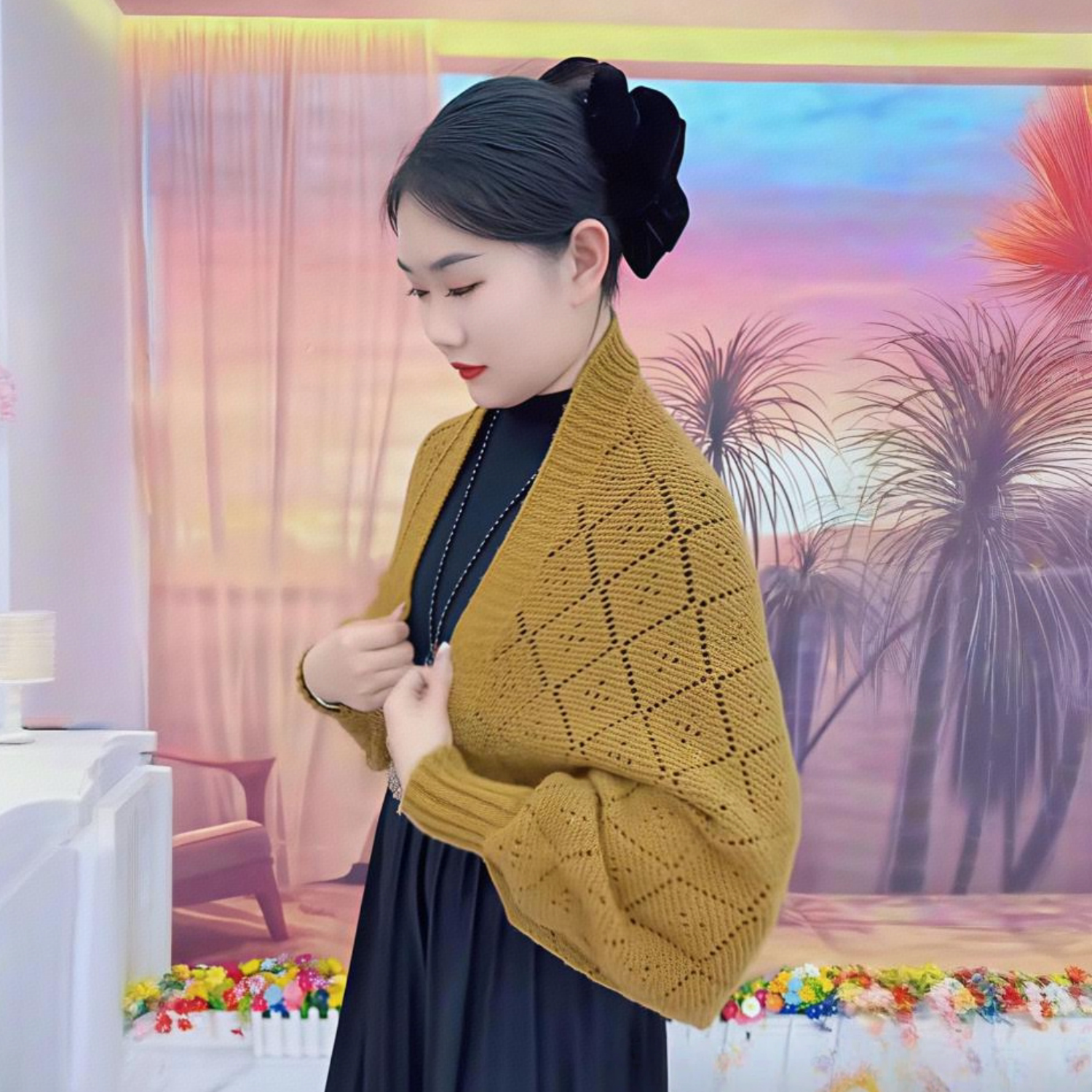 女士外搭针织披肩秋冬新款针织密织方格披肩保暖百搭时尚气质开衫