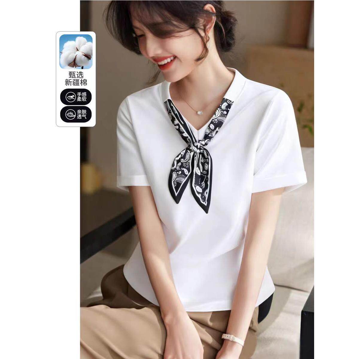 高级感丝巾V领短袖正肩T恤女2026新款气质轻熟风褶皱卡腰显瘦上衣