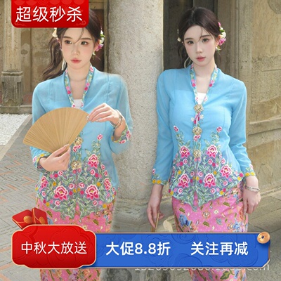 影楼新款西双版纳傣族服装女清新少数民族簪花旅拍小娘惹刺绣套装