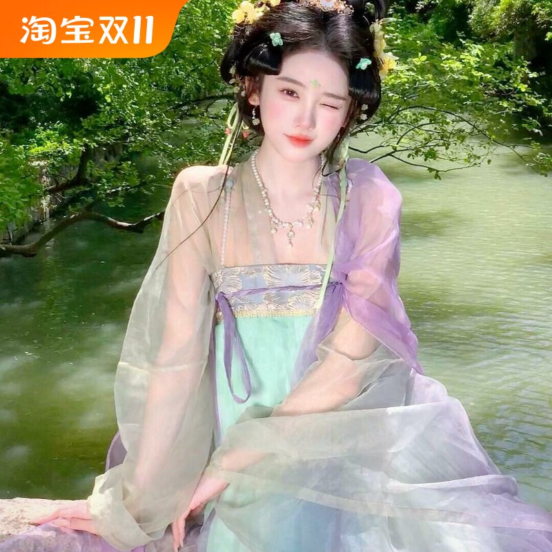 汉服女新款轻薄古风齐胸襦裙国风古装摄影旅拍服花神荷花唯美成人