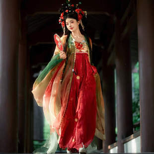 山茶汉服女重工绣花大袖衫一片式刺绣齐胸襦裙国风高端红绿套装秋