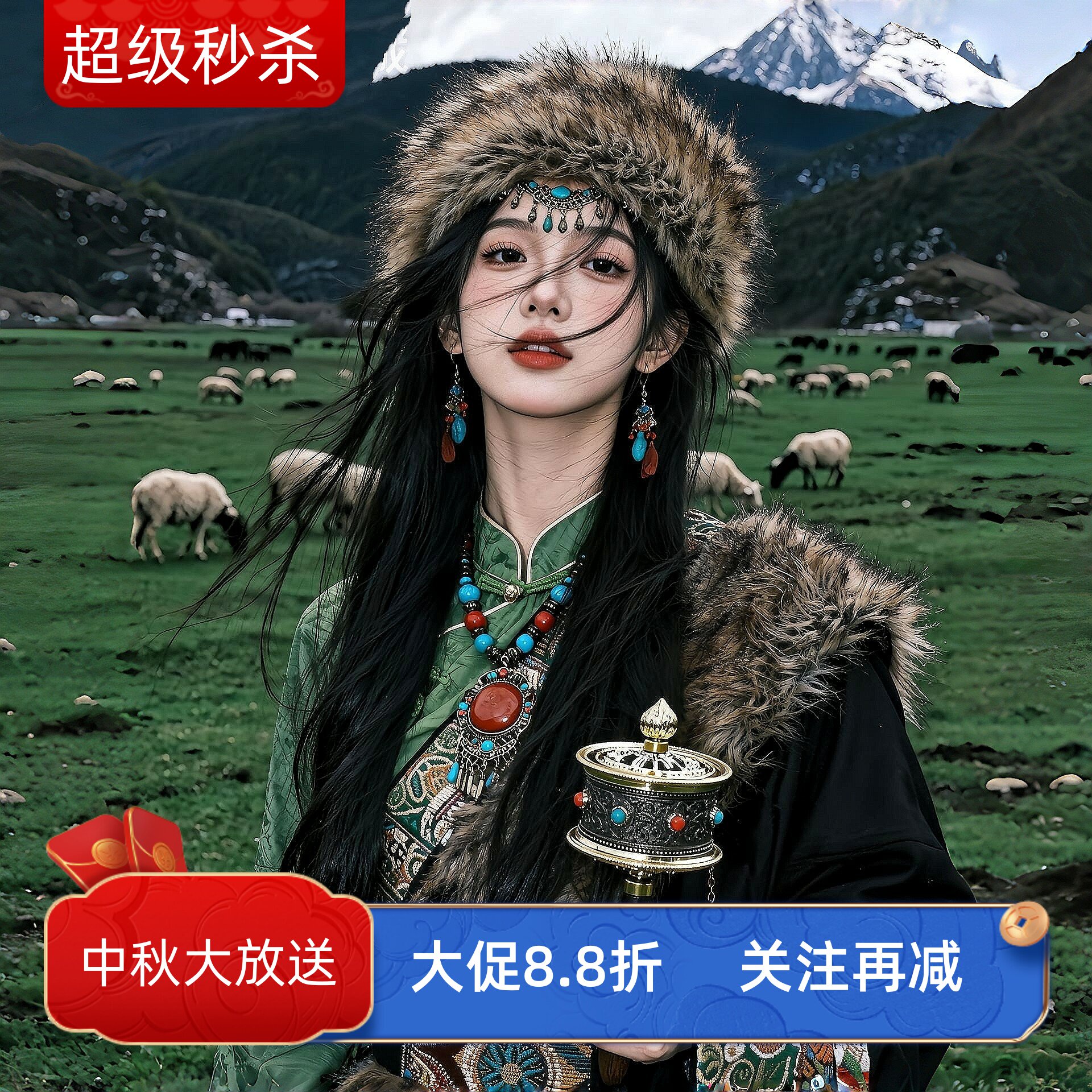 藏族风格女装绿色上衣西藏少数民族旅拍写真显白服套装田曦薇同款