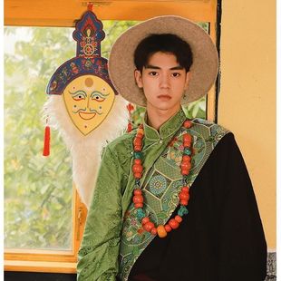 藏族风男士传统藏装绿色立领宽松民族服装黑绿藏服藏袍新中式套装