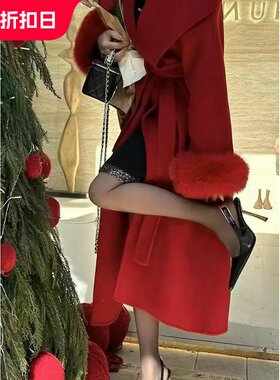 大红色毛呢女中长款束腰风大衣