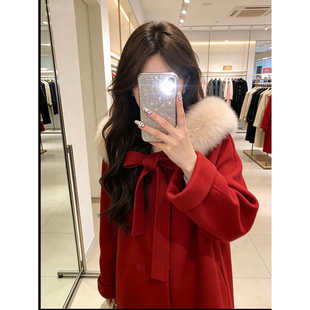 千金风红色毛领连帽毛呢外套女中长款大衣显瘦新年结婚敬酒礼服冬