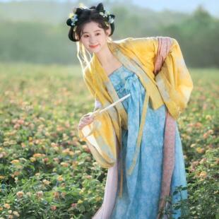 汉服女一片式齐胸襦裙古风长裙飘逸诃子裙黄色活力少女小唐风网红