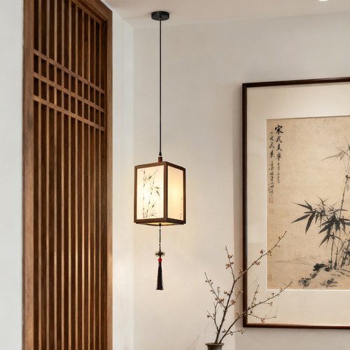 宋代美学禅意小吊灯入户玄关灯茶室卧室床头实木手绘竹叶中式吊灯