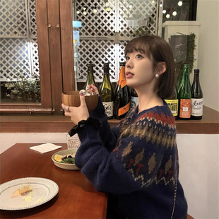 复古费尔岛毛衣女秋冬新款圣诞节圆领宽松软糯慵懒风套头针织上衣