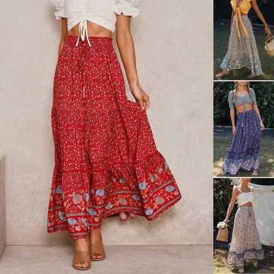 极速Women Skirt Boho High Waist A-Line Summer Long Skirts Fl