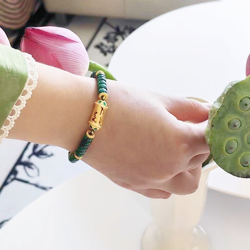 西安广仁 孔雀石 六字真言 925银镀金 自洽手链 绿度母金轮手链