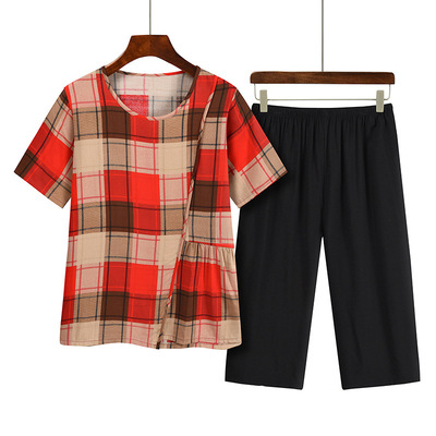 中老年人妈妈装夏季套装短袖上衣