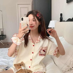 外穿 格子kitty猫睡衣女夏季 新款 短袖 in风日系卡通学生家居服套装