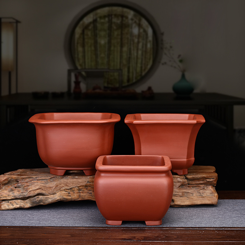 紫砂花盆红色四方桌面地面花卉绿植老桩盆景盆兰花君子兰榕树包邮