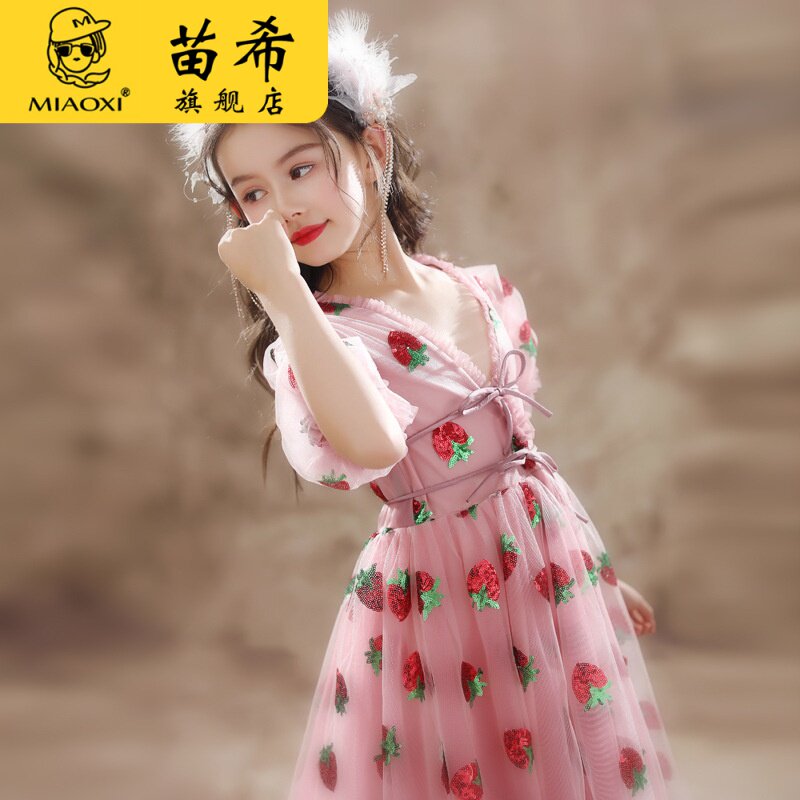 好货六一儿童节亮片晚礼服女童粉色草莓公主裙钢琴演出生日连衣裙