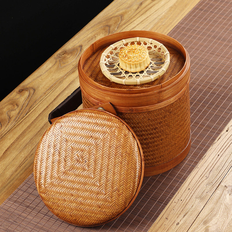 好货纯手工竹编大漆提篮 双层食盒七子茶饼收纳盒 中式仿古带盖竹