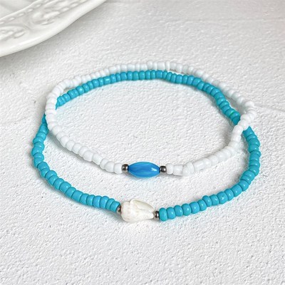 极速Conch rice Bead Blue White Anklet set 2 pieces脚链套装2