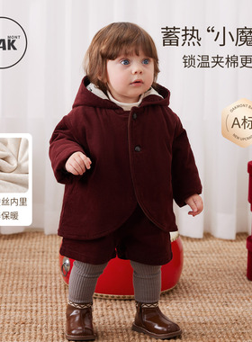 Oak mont女童套装冬装加厚儿童圣诞蚕丝绒夹棉服宝宝周岁红色衣服