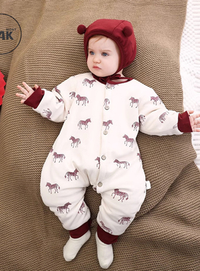 Oak mont婴儿连体衣冬装满月服喜庆加厚棉服周岁宝宝红色百天衣服