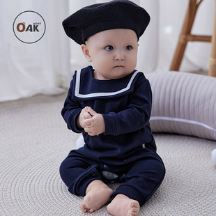 Oak mont婴儿满月衣服爬服连体衣宝宝百天周岁礼服海军风包屁衣
