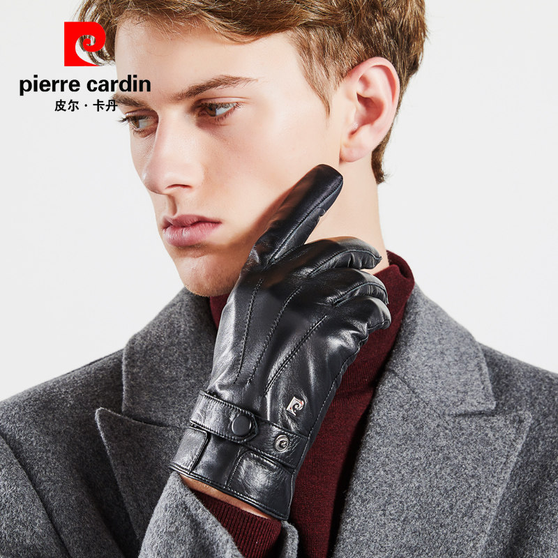 皮尔卡丹男士柔绒里触屏皮手套山羊皮秋冬季新款防风防寒真皮手套