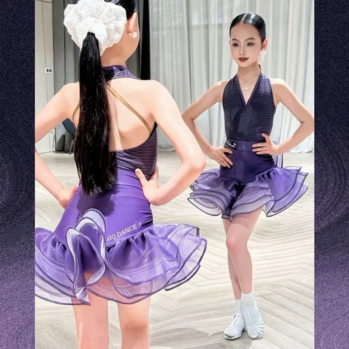 新款拉丁舞梦幻紫鱼骨挂脖表演服