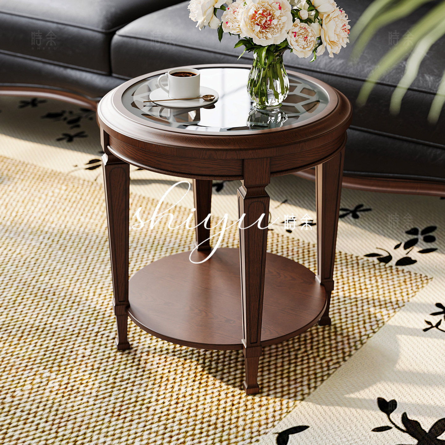 时余达琳边几法式中古风边几实木圆形玻璃美式复古客厅沙发小茶几