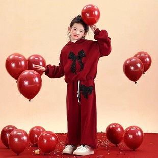女童喜庆蝴蝶结卫衣卫裤 儿童红色运动两件套拜年服两件套 新年套装