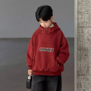 2026新款男童休闲【铁锈红字母印花连帽卫衣】冬季加厚新年拜年服