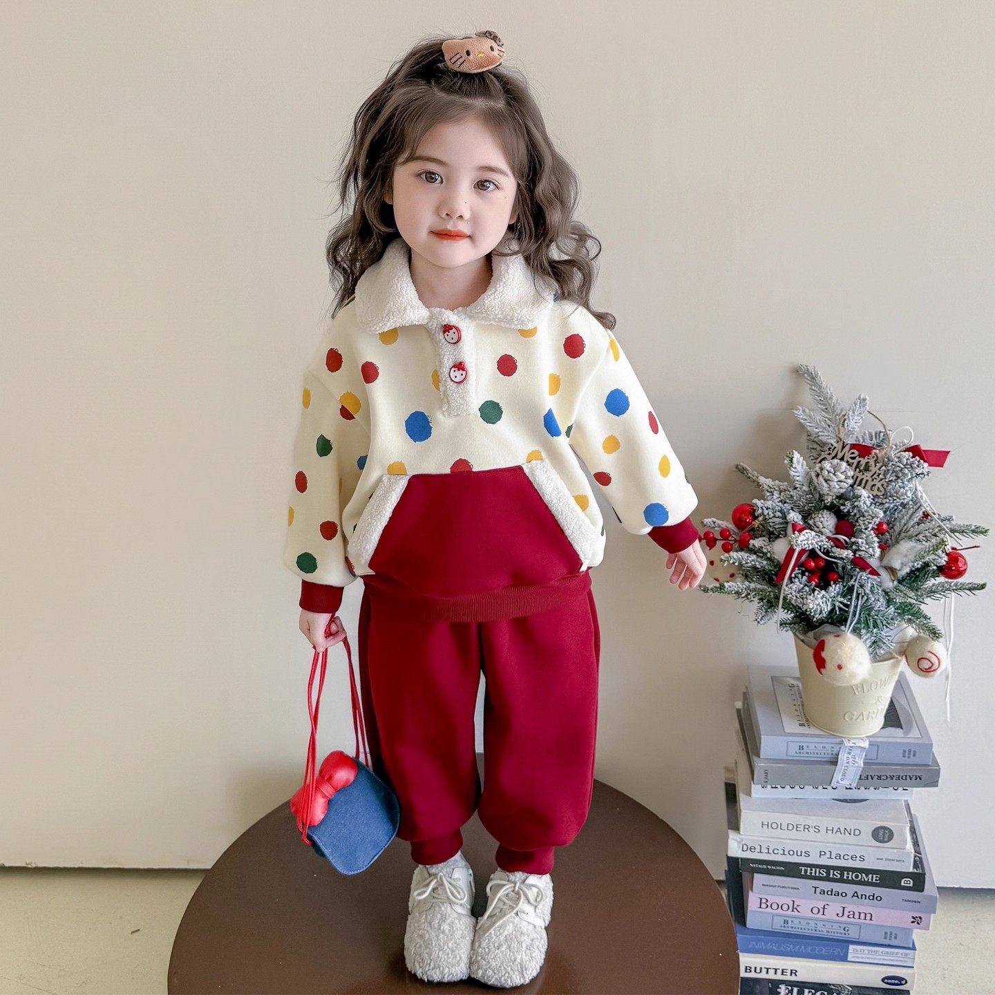 中小童甜美可爱加绒加厚彩虹点卫衣红色长裤套装保暖运动两件套潮