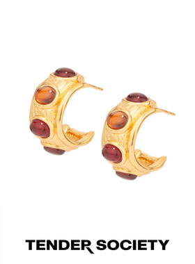 金色肌理橙红色镶石耳圈