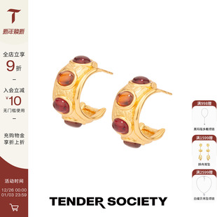耳饰 Holiday节庆系列金色肌理橙红色镶石耳圈时尚 Tender Society
