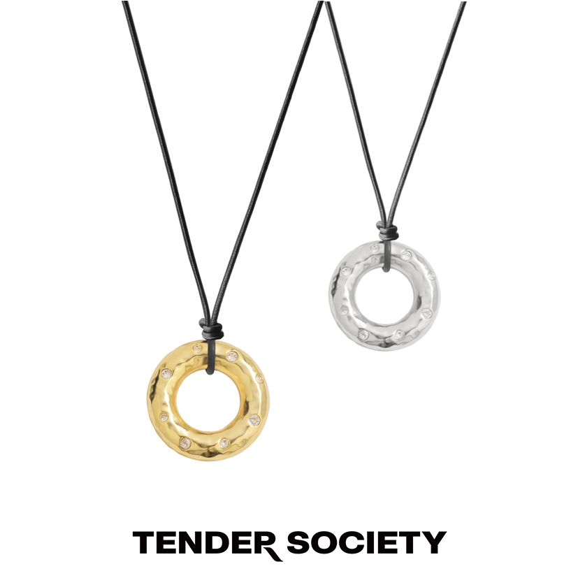 Tender Society Echo系列锤纹镶钻甜甜圈皮绳圆环长项链