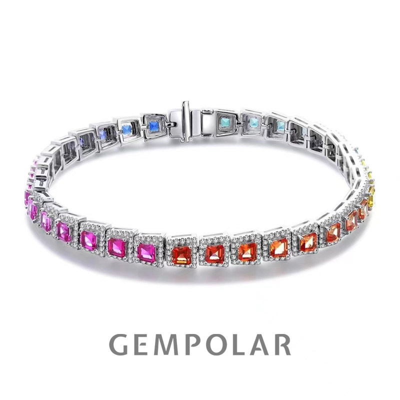 精工培育彩色蓝宝石彩虹手链925纯银镶嵌轻奢名媛细圈叠戴ins风