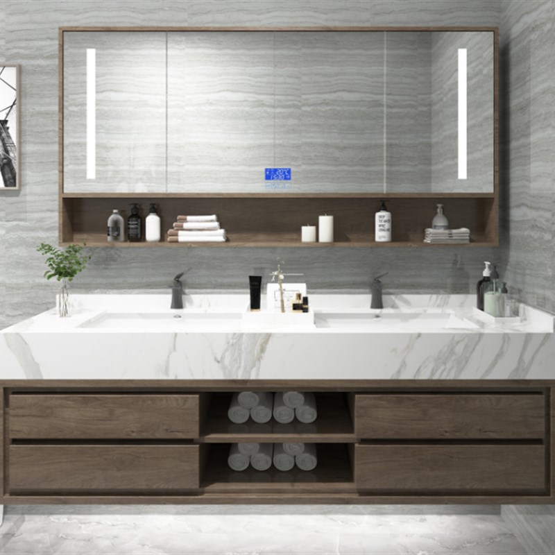 卫浴套装浴室柜组合大理石双盆洗脸台盆柜现代简约岩W板无缝陶瓷