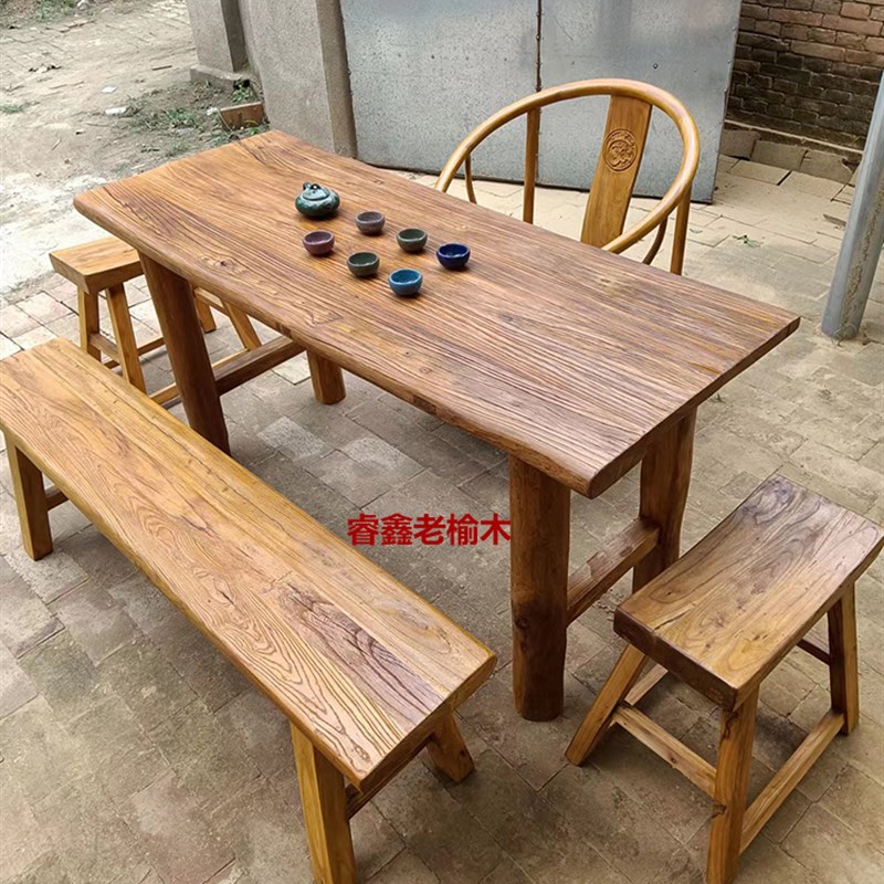 老榆木门板桌复古怀旧原木实木茶桌茶台J阳台桌吧台办公桌餐桌民