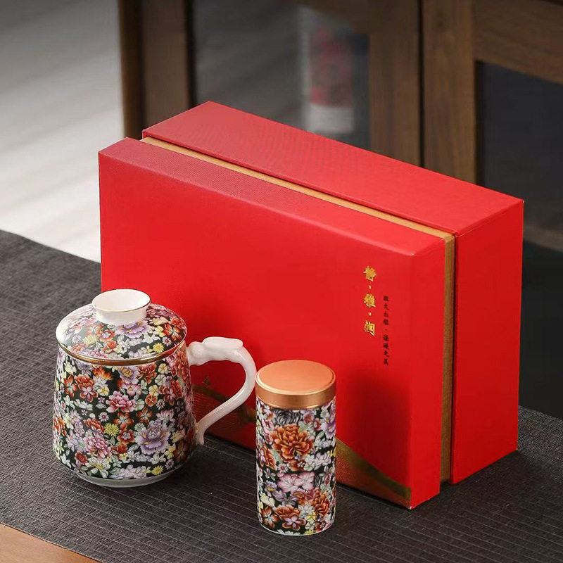 羊脂玉陶瓷办公水杯带盖茶水分离泡茶三件套会议商务节庆可定Logo