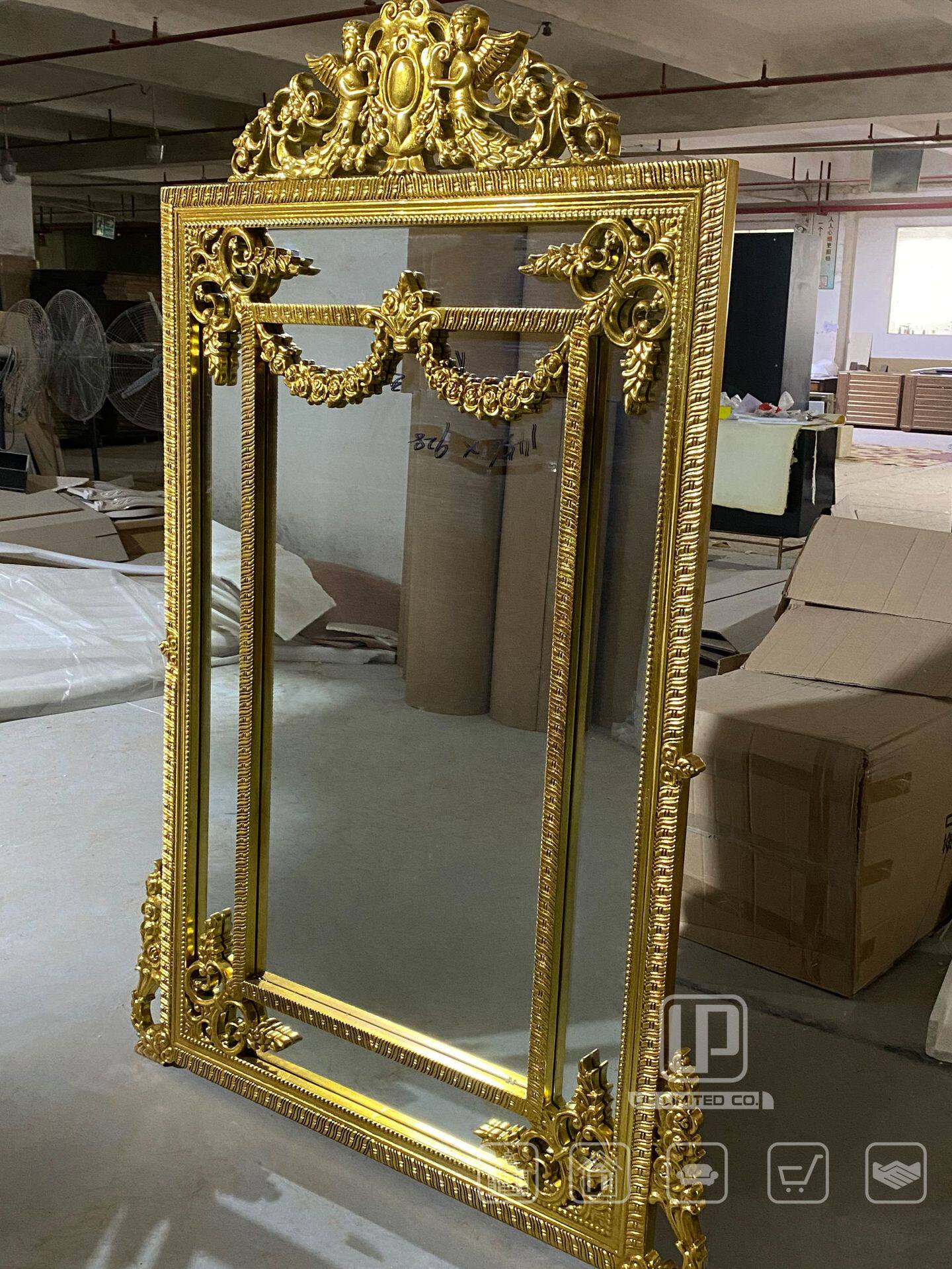 欧式复古实木雕刻全身镜金箔宫廷风落地镜衣帽间家具高档试衣镜