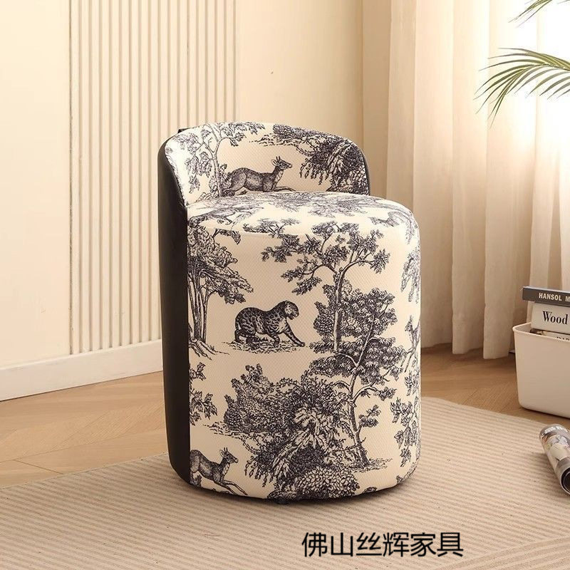 中古风布艺梳妆凳金钱豹圆凳水墨画凳子家用轻奢化妆茶台沙发小凳