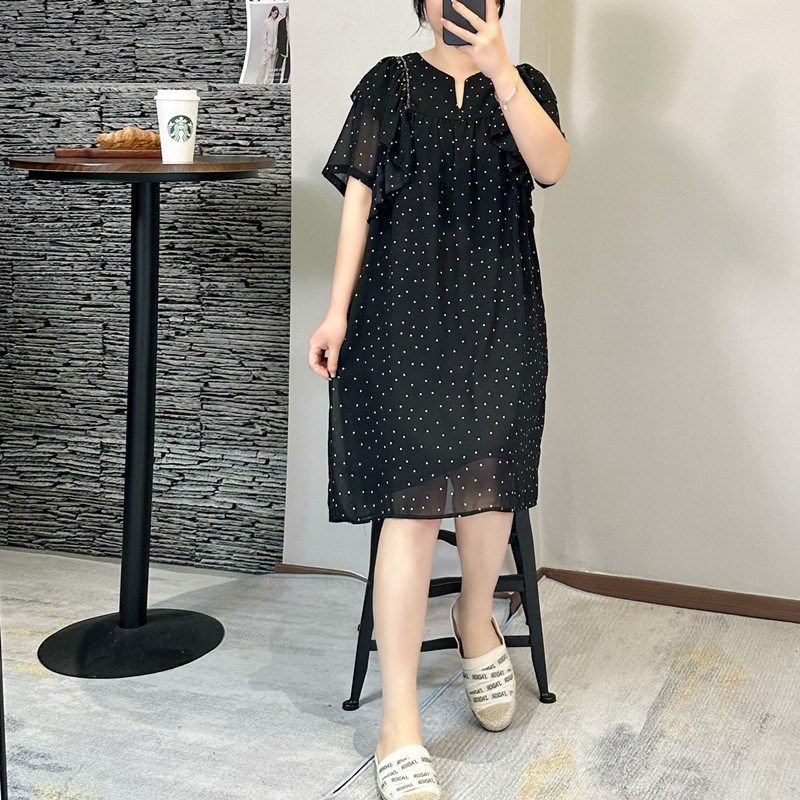 2024波点显瘦气质木耳边短袖夏季薄款大码女装胖mm裙子微胖连衣裙