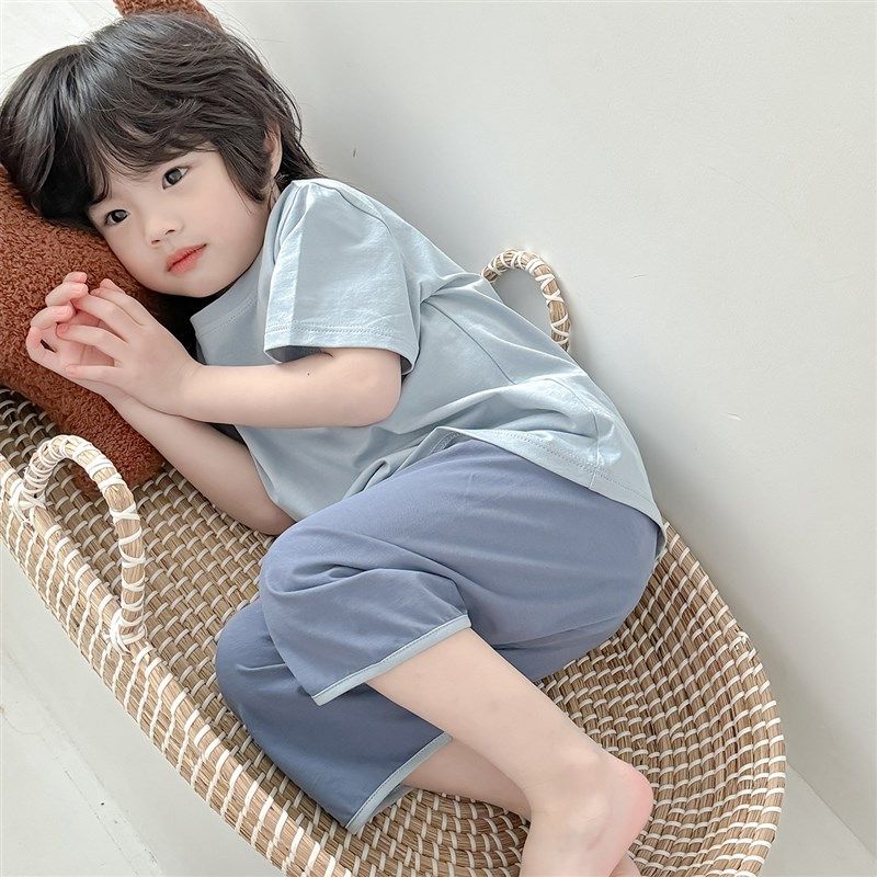 宝宝睡衣夏天薄款纯棉短袖七分裤男童家居服夏季套装a类棉空调服