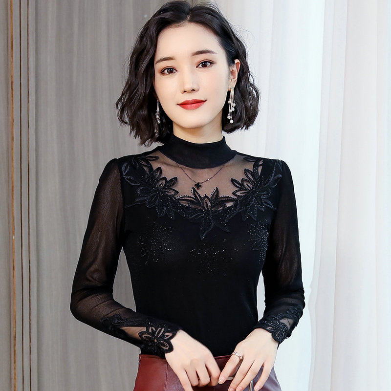 2021新款秋装女纱网半高领蕾丝打底衫女长袖T恤上衣内搭网纱小衫