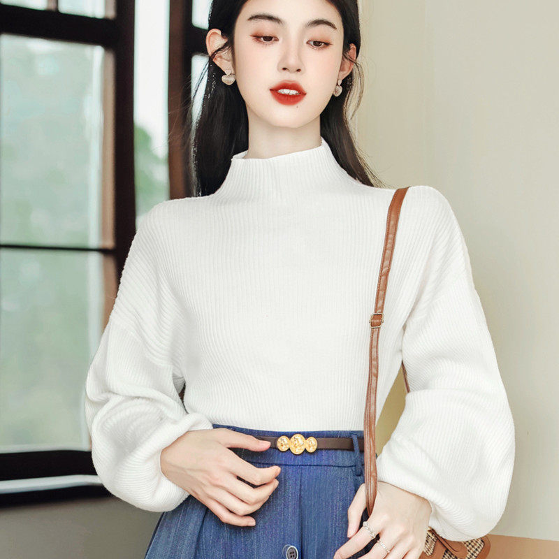 春秋配半身裙的高领毛衣女复古小众气质内搭灯笼袖上衣打底针织衫